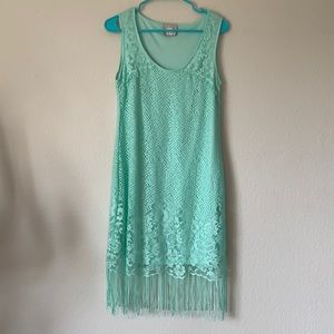 ECI Mint Green Lace Fringe Sleeveless Dress